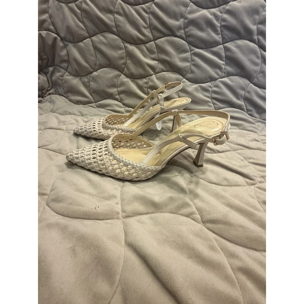 JESSICA SIMPSON WOMEN'S SHOES SZ 9.5 BEIGE&GOLD PUMP POINTED TOE SLINGBACK HEELS